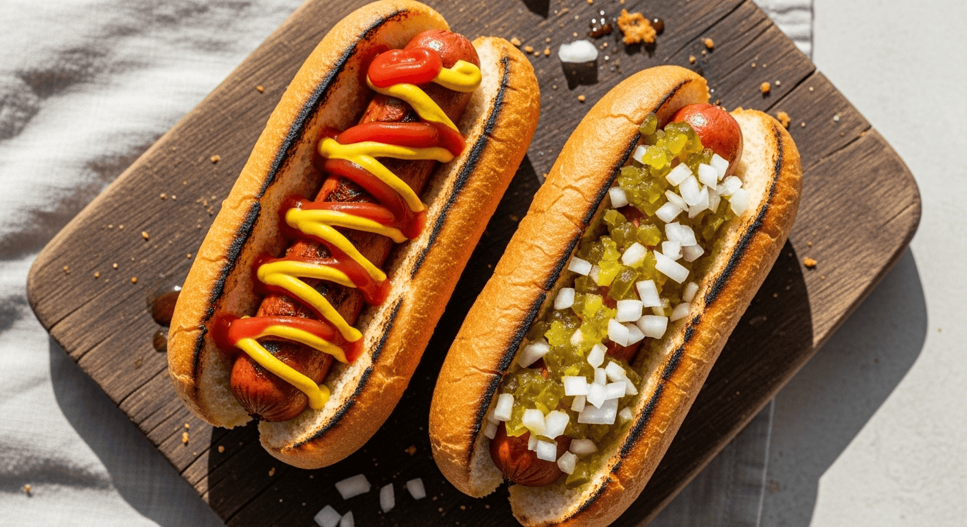 Air Fryer Hot Dogs: Easy & Crispy Perfection | by Tyla A close-up of delicious, perfectly cooked Air Fryer Hot Dogs in toasted buns with classic toppings like mustard and ketchup, ready to eat for a quick meal.