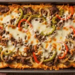 A close-up of a golden brown Philly cheesesteak grilled cheese casserole in a baking dish, with gooey melted cheese and tender beef peeking through the crispy bread.