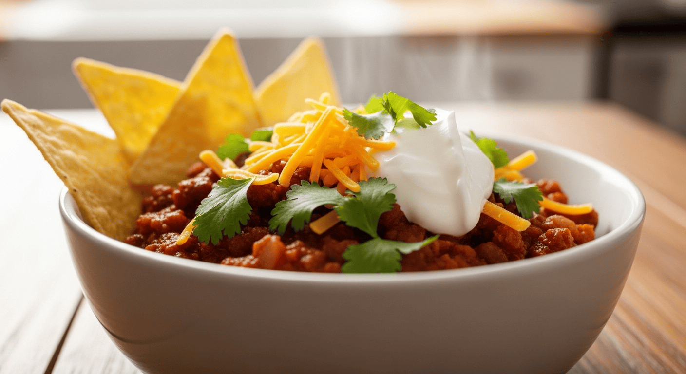 Quick Chili Recipe: Easy Weeknight Dinner | by Tyla A close-up of a steaming bowl of quick chili recipe, garnished with fresh coriander, shredded cheese, and sour cream, with tortilla chips on the side.