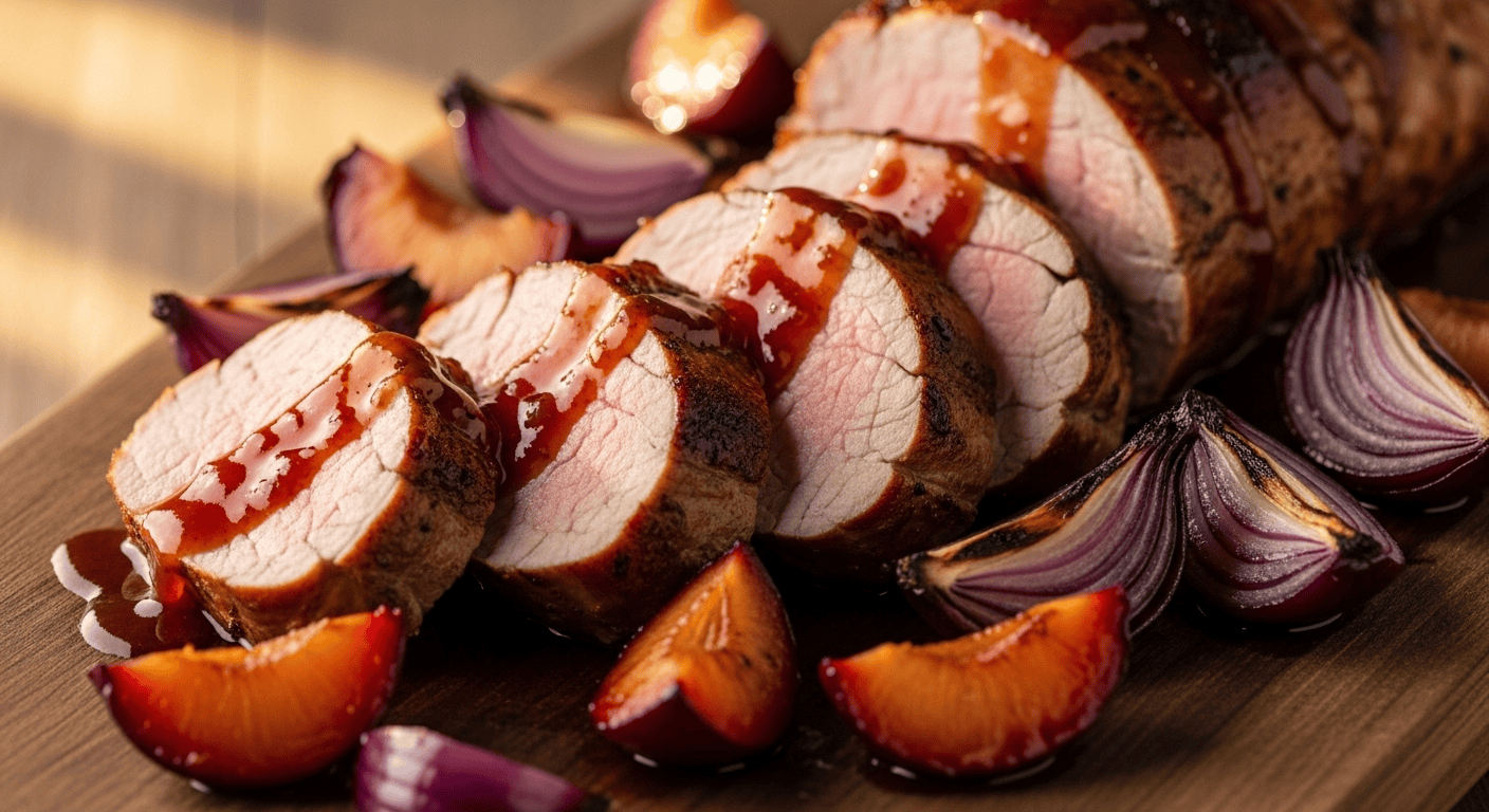 Best Roasted Pork Tenderloin Plum Sauce | Tyla's Kitchen A close-up of perfectly sliced roasted pork tenderloin with plum sauce, served on a white plate with roasted plums and onions.