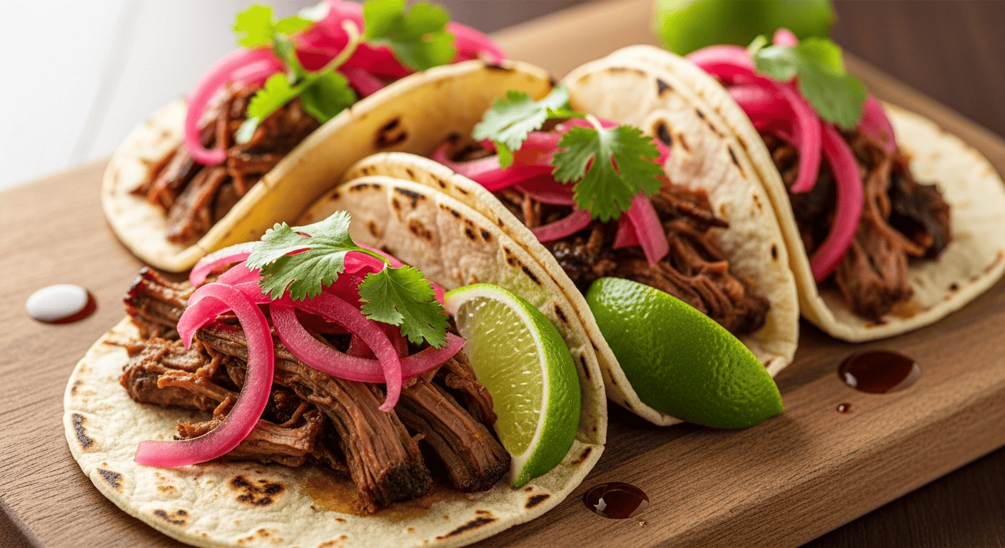 Best Slow Cooker Brisket Tacos | Tender Beef Tacos Recipe A close-up of two delicious slow cooker brisket tacos filled with tender beef, fresh cilantro, and pickled onions.