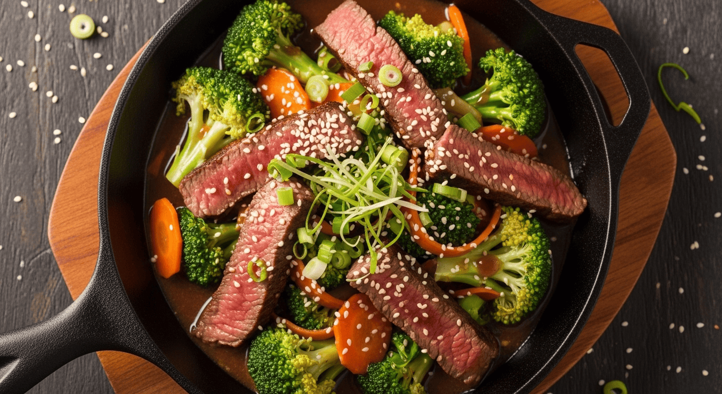 Best Steak and Broccoli Stir Fry Recipe | by Tyla A close-up of a delicious Steak and Broccoli Stir Fry in a cast iron skillet, garnished with green onions and sesame seeds, ready to be served over rice. This highlights the easy Steak and Broccoli Stir Fry.