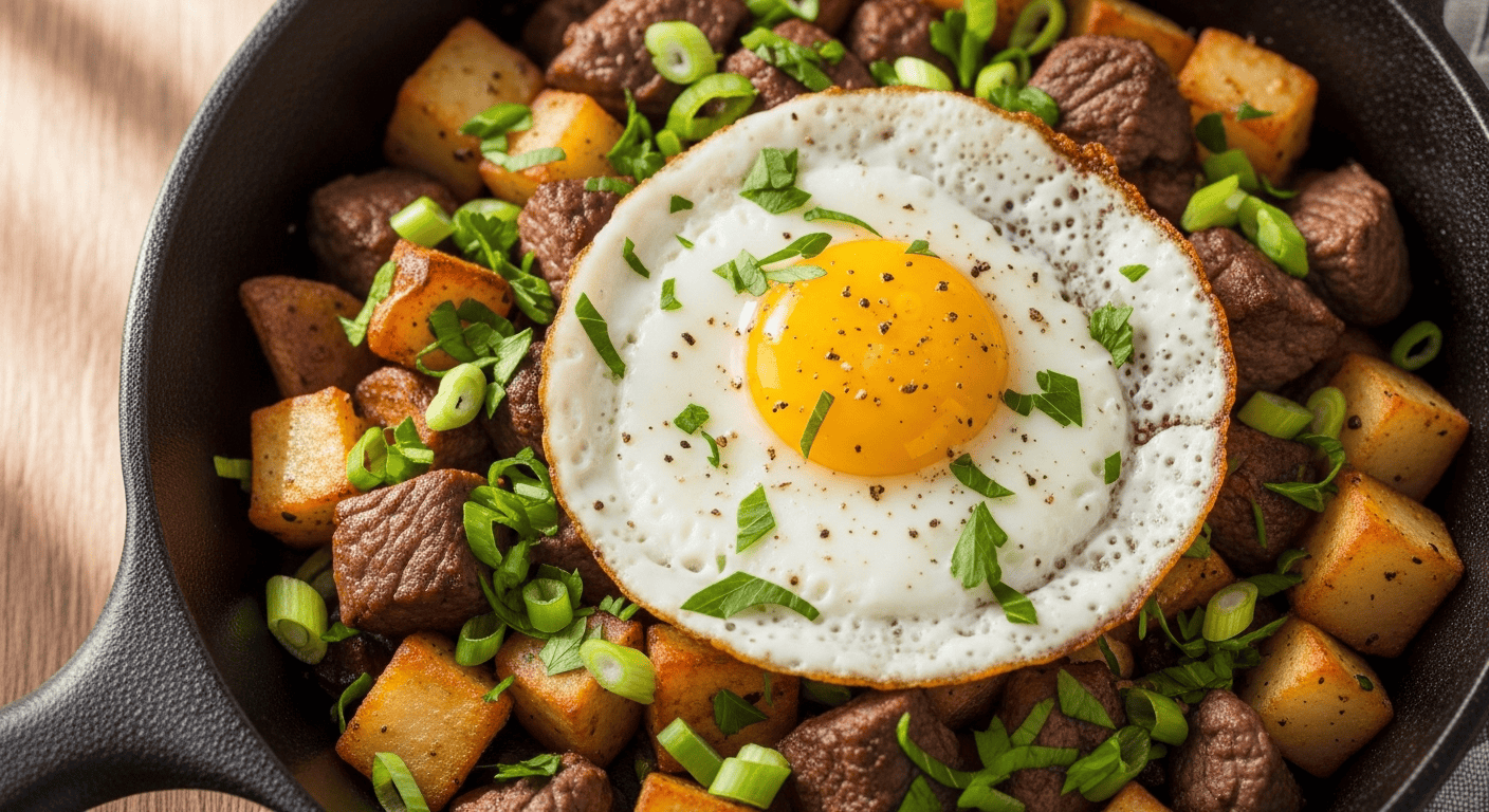 Best Steak and Potato Breakfast Hash | By Tyla A close-up of a sizzling Steak and Potato Breakfast Hash in a cast iron skillet with eggs, crispy potatoes, and tender steak.
