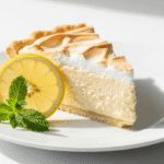 A close-up of a perfectly sliced easy lemonade pie on a white plate, garnished with a fresh lemon slice and a mint sprig.