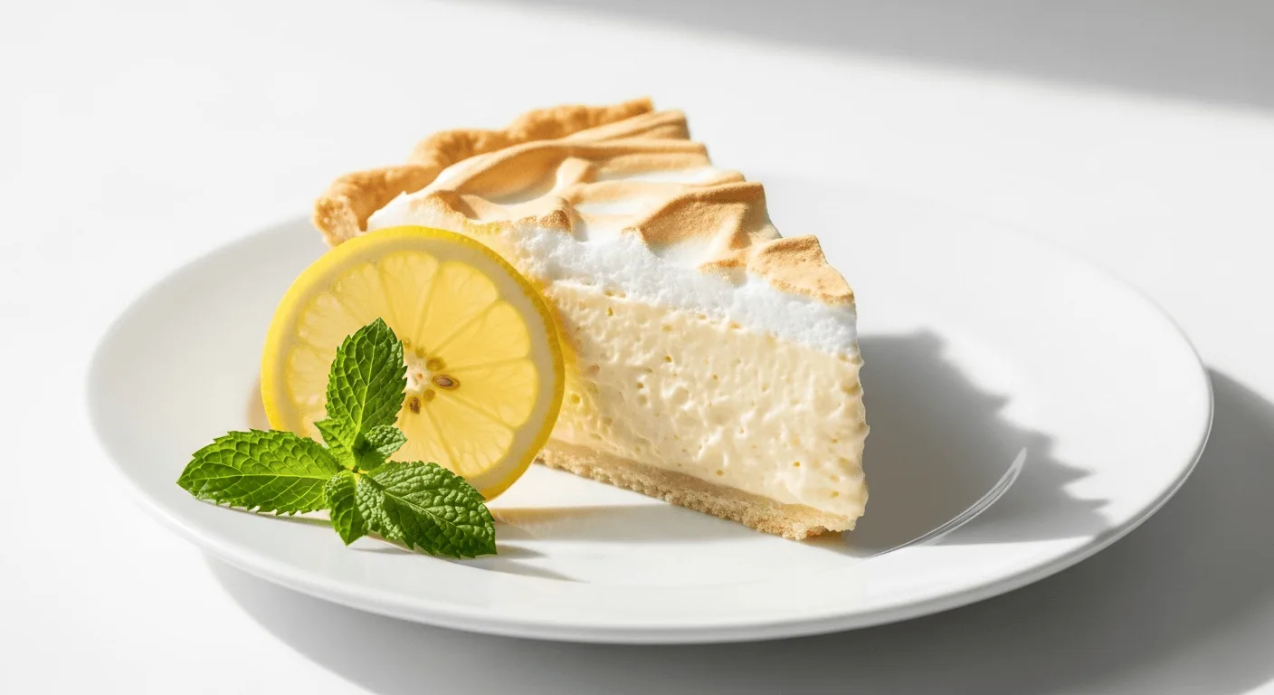 A close-up of a perfectly sliced easy lemonade pie on a white plate, garnished with a fresh lemon slice and a mint sprig.