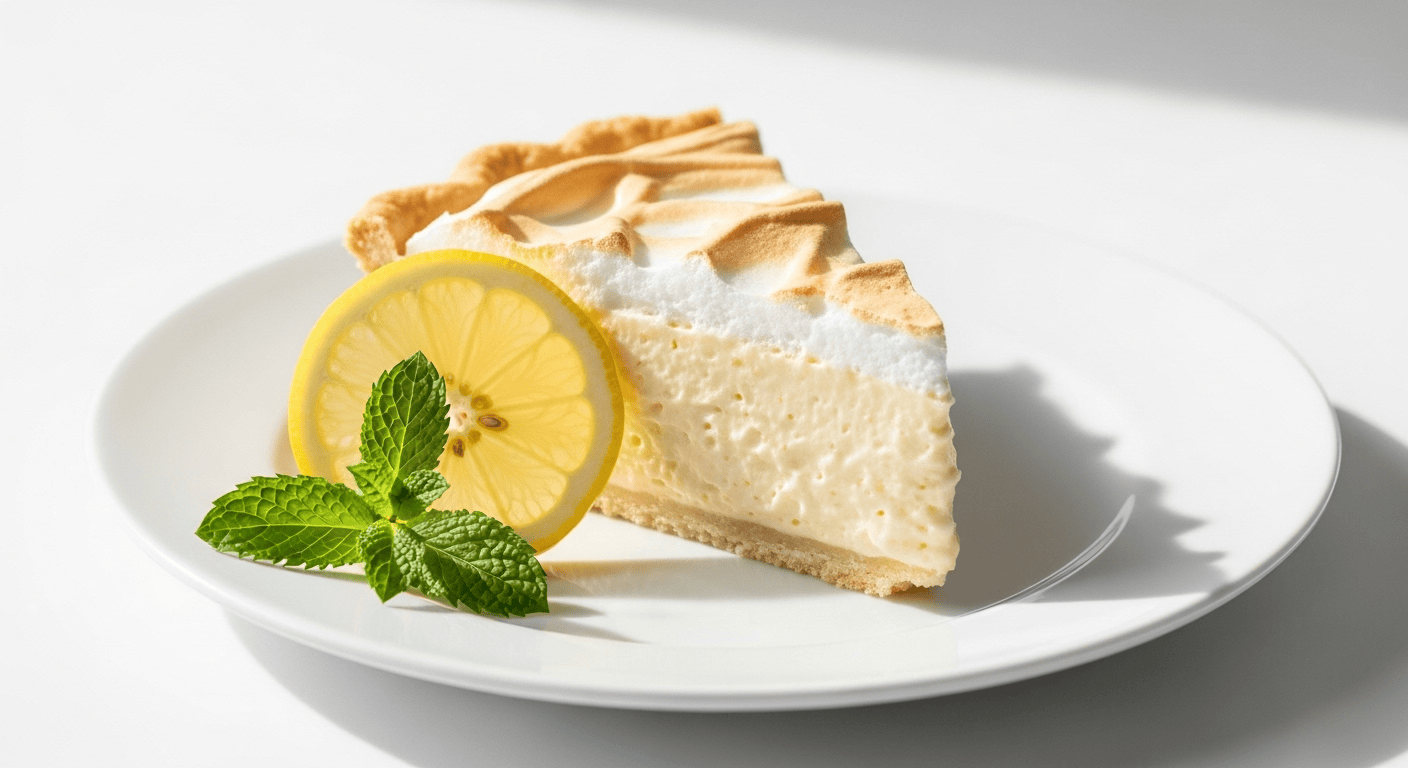 A close-up of a perfectly sliced easy lemonade pie on a white plate, garnished with a fresh lemon slice and a mint sprig.