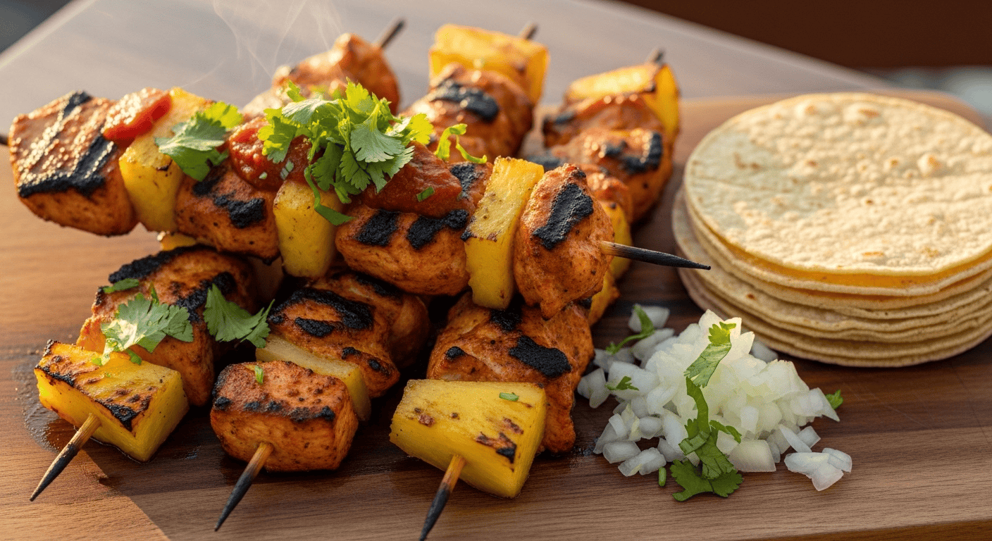 Best Chicken Al Pastor Skewers Recipe | Tyla's Kitchen A close-up of delicious Chicken Al Pastor skewers served with corn tortillas, fresh onion, and cilantro.