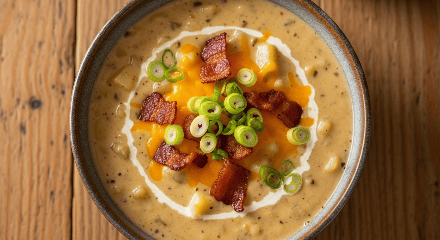 Creamy Baked Potato Soup: Ultimate Comfort | by Tyla A close-up overhead view of a steaming bowl of creamy baked potato soup, topped with crispy bacon, melted cheddar cheese, and fresh green onions, served in a rustic bowl.
