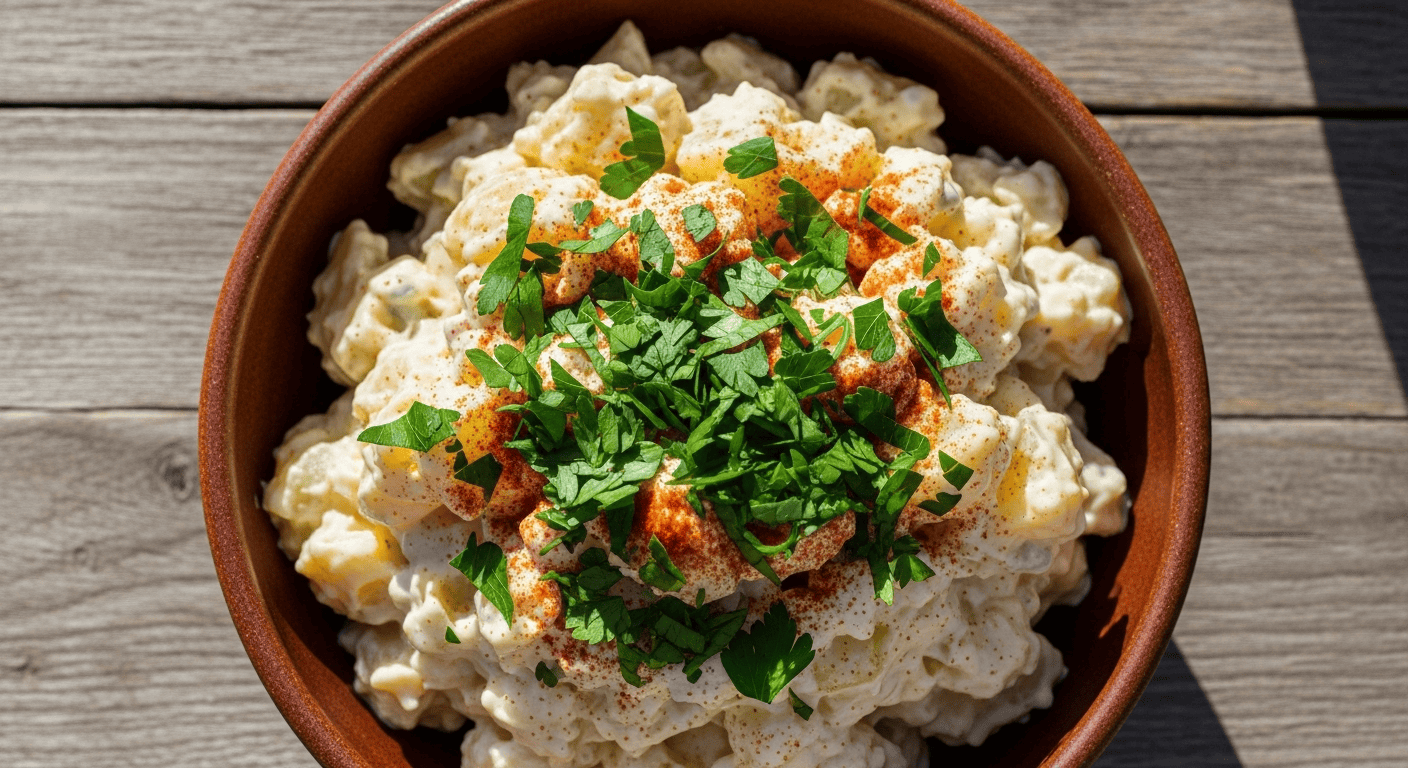 A close-up of a creamy and delicious easy old-fashioned potato salad served in a rustic bowl.