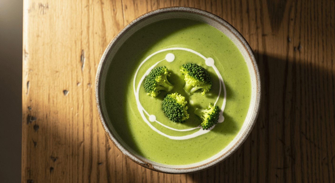 Best Cream of Broccoli Soup Recipe | Tyla's Kitchen A close-up of a rustic ceramic bowl filled with vibrant green, creamy Cream of Broccoli Soup Recipe, garnished with a swirl of cream and small broccoli florets, on a wooden surface.