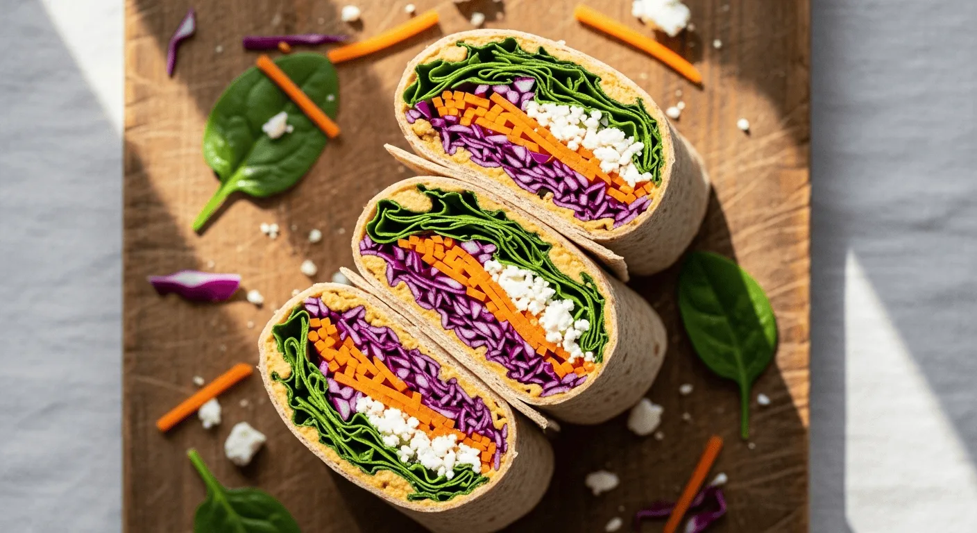 A close-up of delicious make-ahead lunch wraps, some cut in half to show the hearty bean and rice filling, arranged on a rustic wooden board.