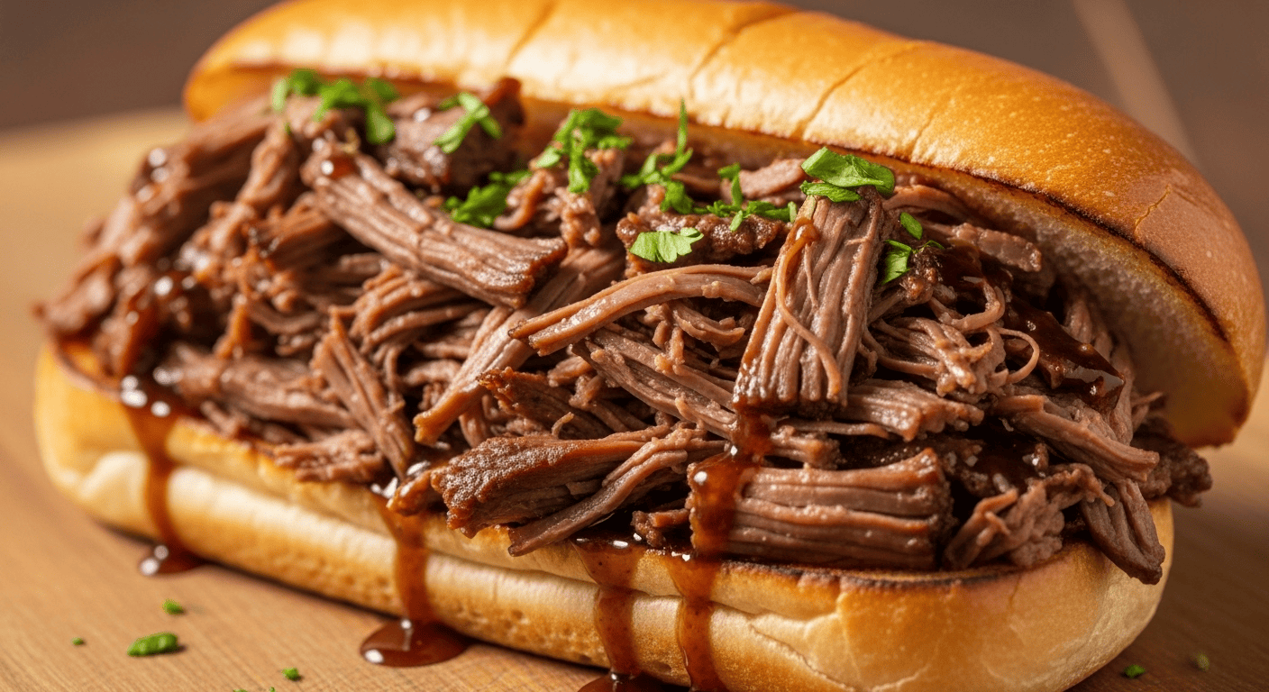 Best Slow Cooker Italian Beef for Sandwiches | Tyla A close-up of a juicy Slow Cooker Italian Beef sandwich on a toasted roll with melted cheese and a side of dipping jus.