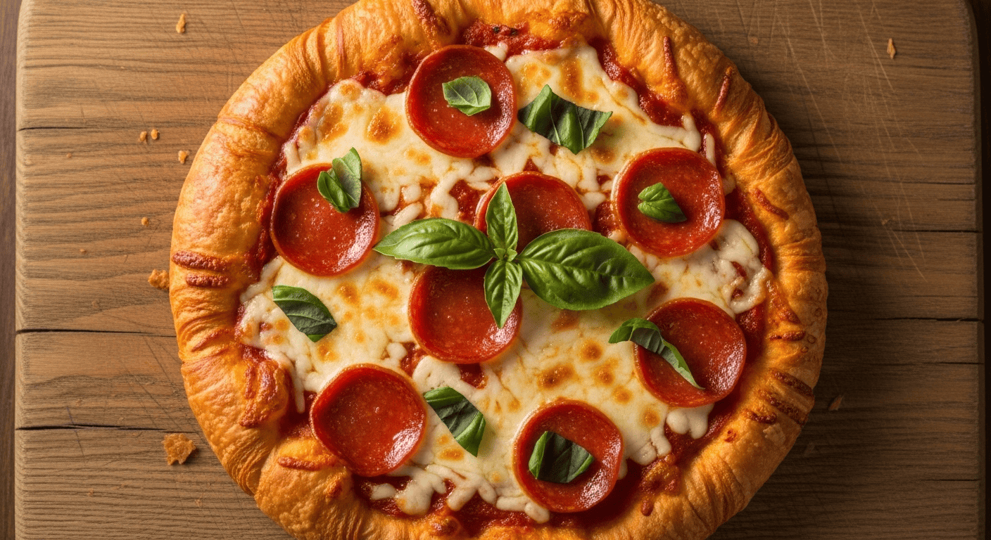 Easy Croissant Pizza: Viral Dinner Hack! | by Tyla A close-up of a freshly baked Easy Croissant Pizza with pepperoni and melted cheese on a wooden board, garnished with basil.
