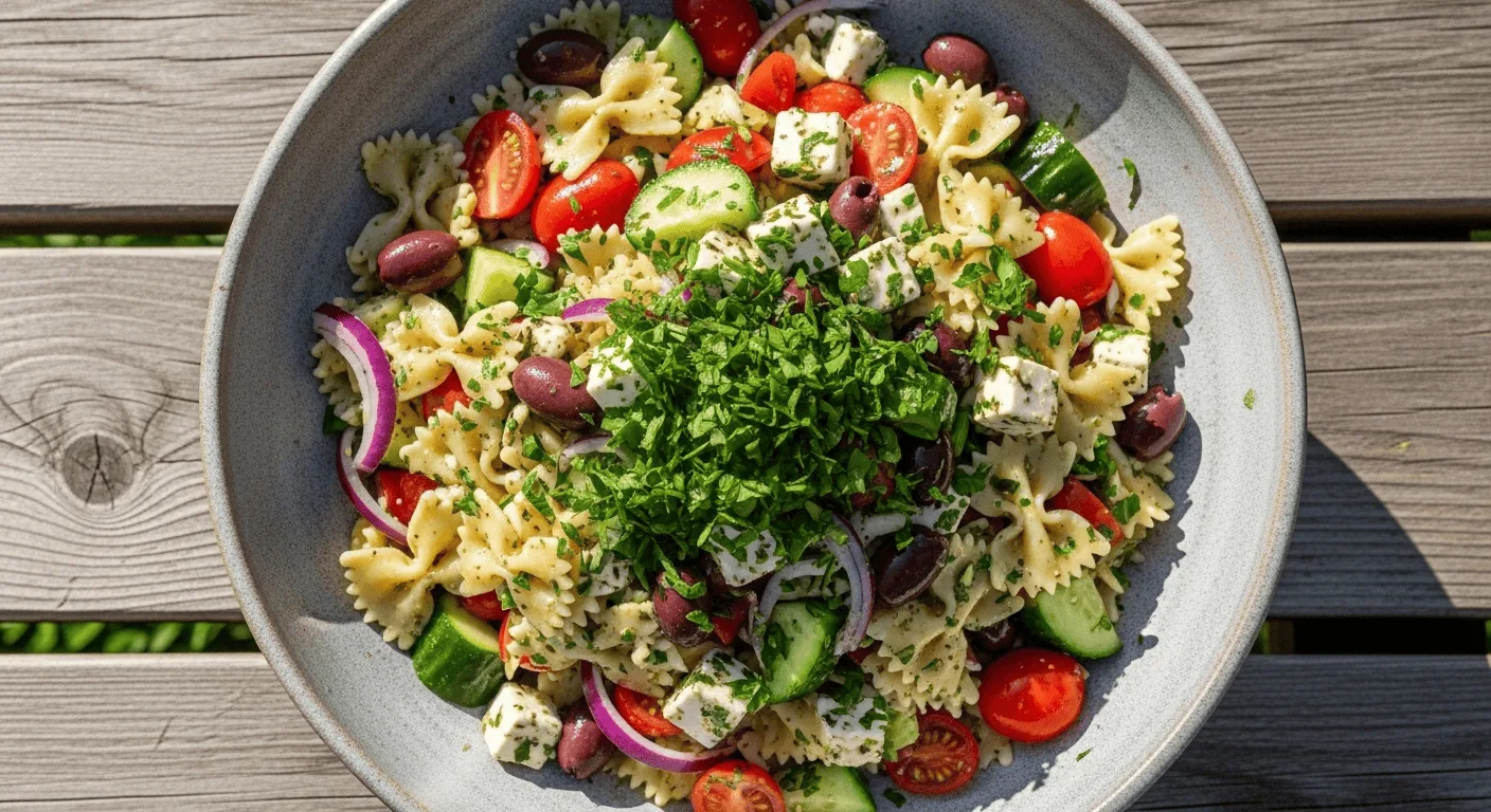 A close-up of a vibrant easy pasta salad recipe in a large white bowl, perfect for a summer picnic.