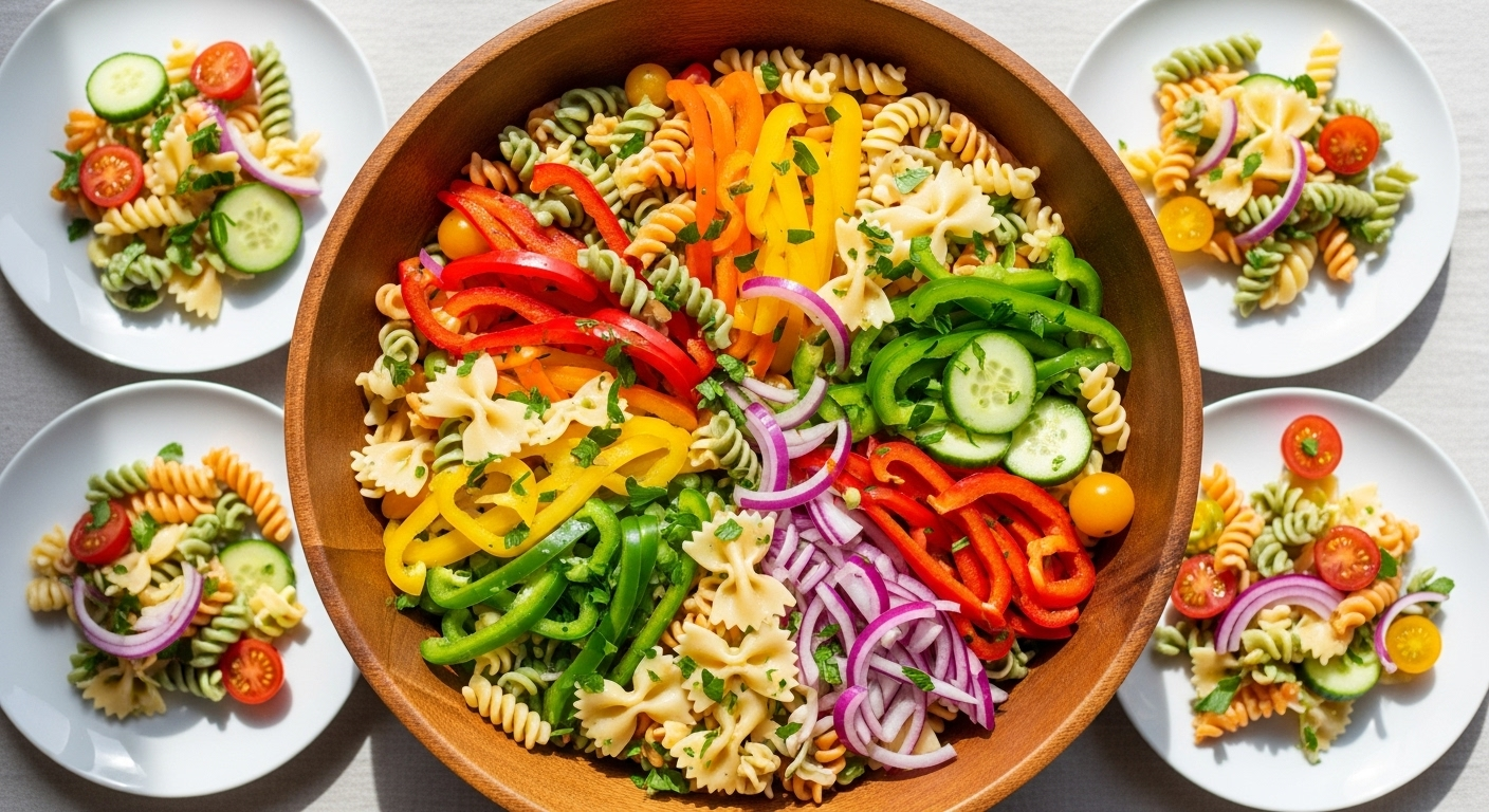 Easy Rainbow Pasta Salad Recipe | Best Cold Salad by Tyla A close-up of a bowl of easy rainbow pasta salad, colorful and fresh, ready to be served.