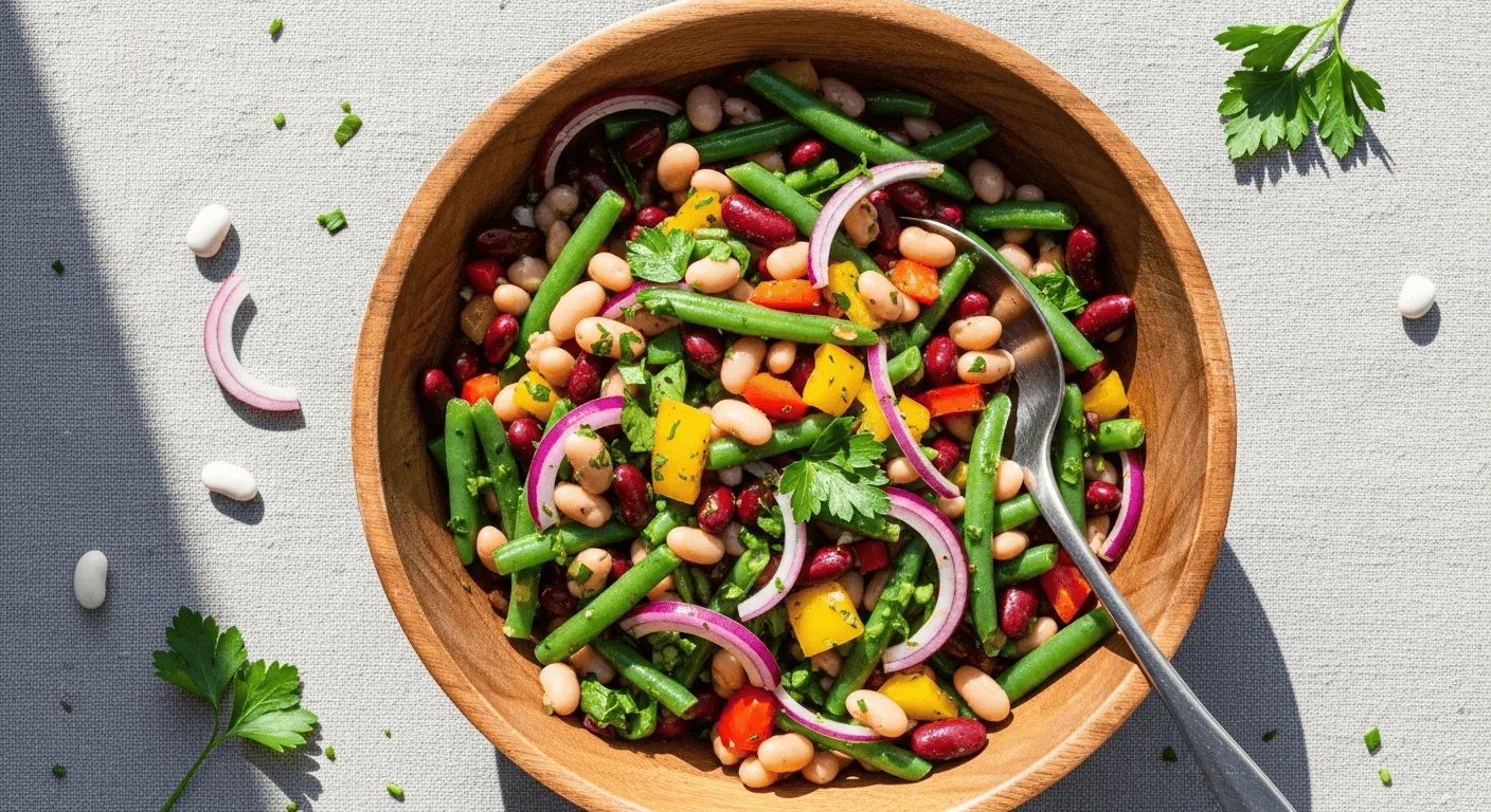 A close-up of a fresh and vibrant Easy Three Bean Salad in a rustic wooden bowl, ready to be served.