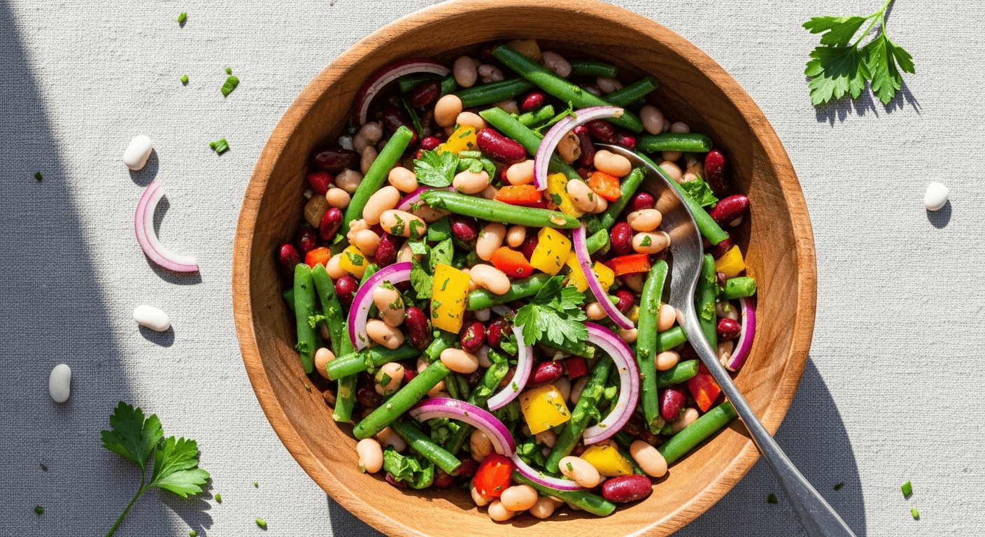 Easy Three Bean Salad: Your Ultimate Summer Side! A close-up of a fresh and vibrant Easy Three Bean Salad in a rustic wooden bowl, ready to be served.