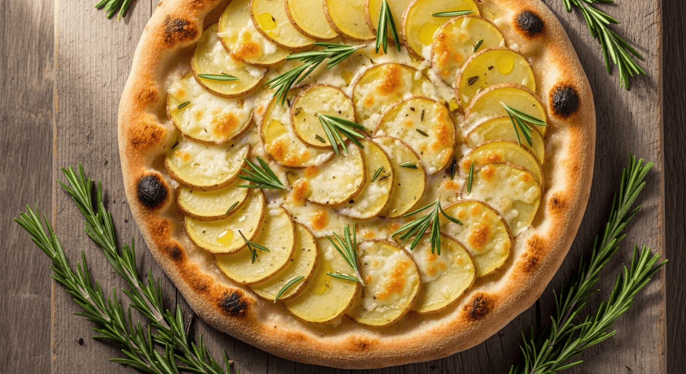Gluten Free Dinner Recipe: Easy Dinner | by Tyla An overhead shot of a rustic Golden Potato and Rosemary Pizza on a wooden board, featuring crispy potato slices and fresh rosemary. Perfect for delicious gluten free dinner recipes.