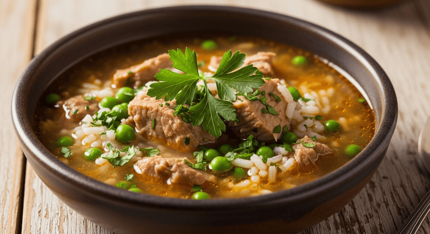 A steaming, hearty bowl of Leftover Turkey Carcass Soup, filled with turkey meat, rice, and vegetables, on a wooden table.