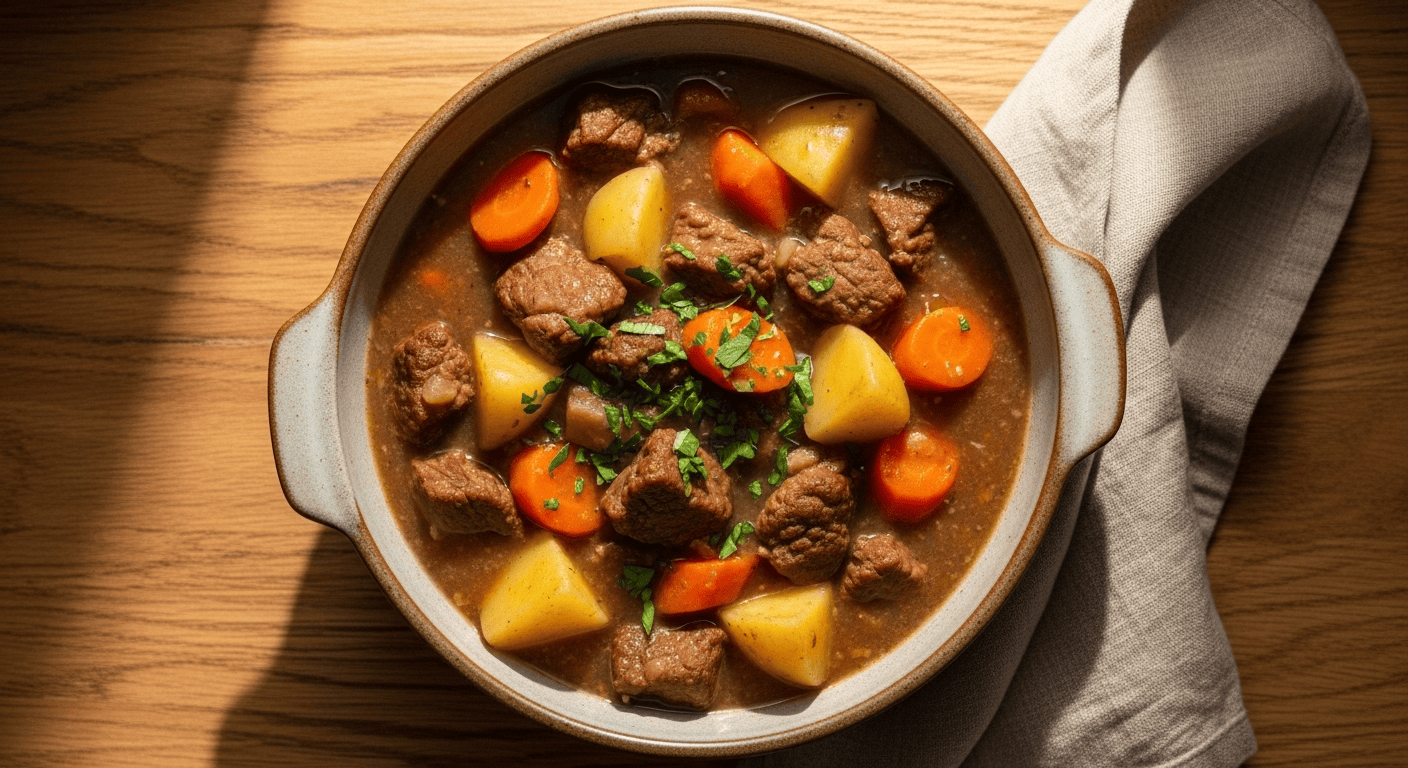 Best Slow Cooker Beef Stew | Easy & Hearty by Tyla A close-up of a rustic bowl of hearty slow cooker beef stew, garnished with fresh parsley, served on a wooden table.