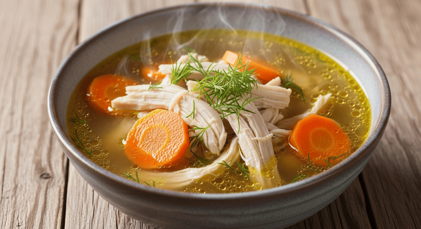 Best Homemade Chicken Soup Recipe | Tyla's Comfort Food A close-up of a steaming bowl of homemade chicken soup with tender chicken, carrots, celery, and fresh dill, on a rustic wooden table.