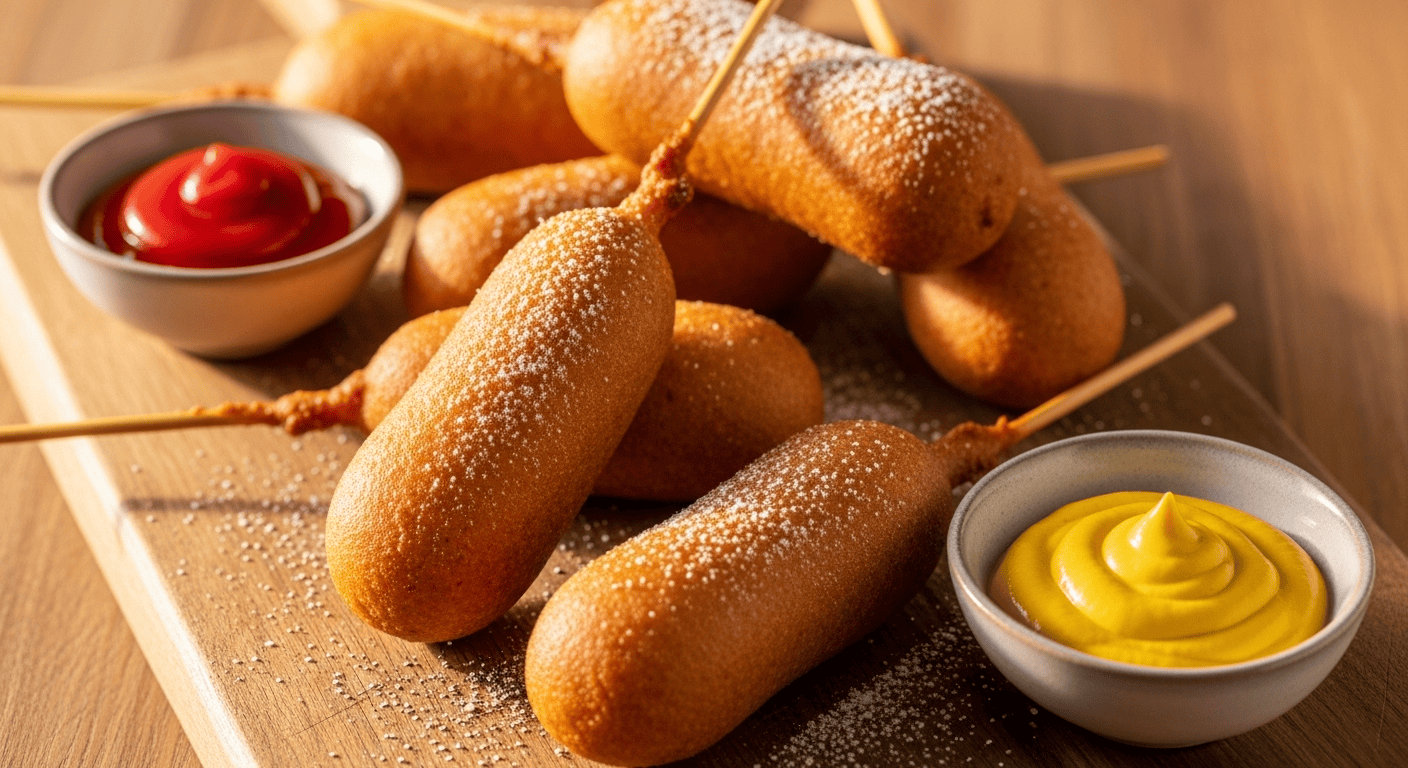 Homemade Corn Dogs: Crispy & Quick Recipe | by Tyla A close-up of crispy homemade corn dogs on a rustic board, served with ketchup and mustard.