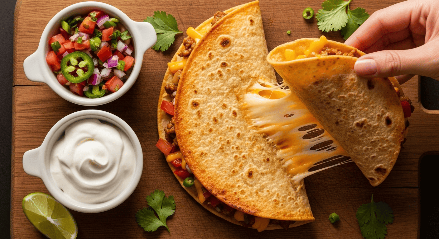 Taco Bell Quesalupa: The Ultimate Cheesy Hybrid | by Tyla A close-up of a homemade Taco Bell Quesalupa, with a golden-brown, cheesy shell, filled with seasoned beef, fresh lettuce, and pico de gallo, served on a rustic wooden board.