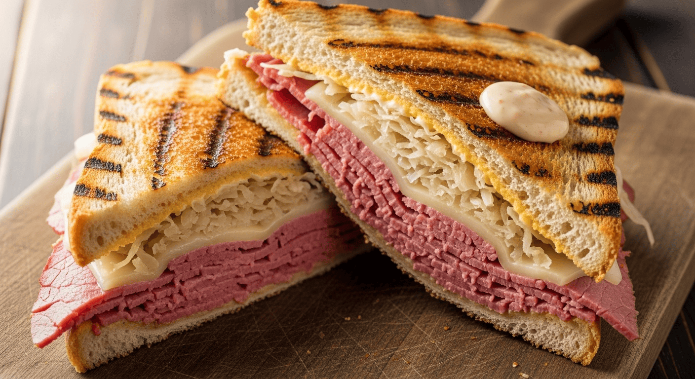A close-up of a perfectly grilled and sliced Reuben Sandwich recipe, showing melted cheese and corned beef.