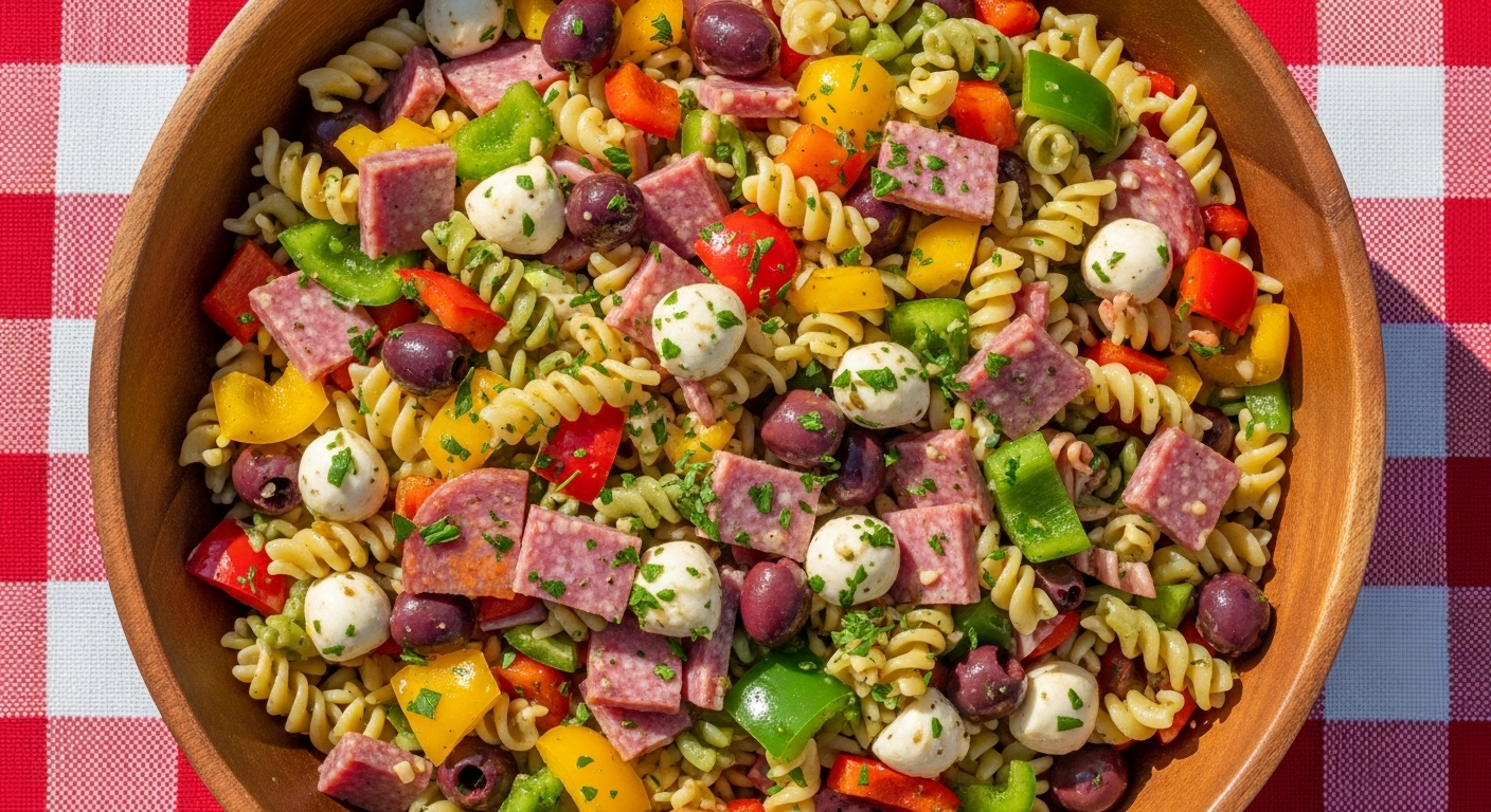 Quick Italian Pasta Salad: Easy & Delicious | by Tyla A close-up of a large bowl of **quick Italian pasta salad** with tri-color rotini, salami, bell peppers, and mozzarella, perfect for a picnic or dinner.