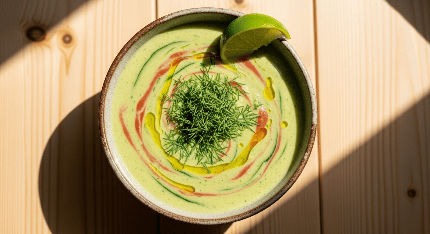 A vibrant bowl of *refreshing cucumber tomato soup* garnished with fresh dill and a lime wedge, served on a light wooden table.