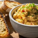 A close-up of a bowl of spicy egg butter spread, garnished with chives, next to toasted sourdough bread on a wooden board. This creamy spread is perfect for breakfast or brunch.