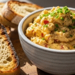 A close-up of a bowl of spicy egg butter spread, garnished with chives, next to toasted sourdough bread on a wooden board. This creamy spread is perfect for breakfast or brunch.