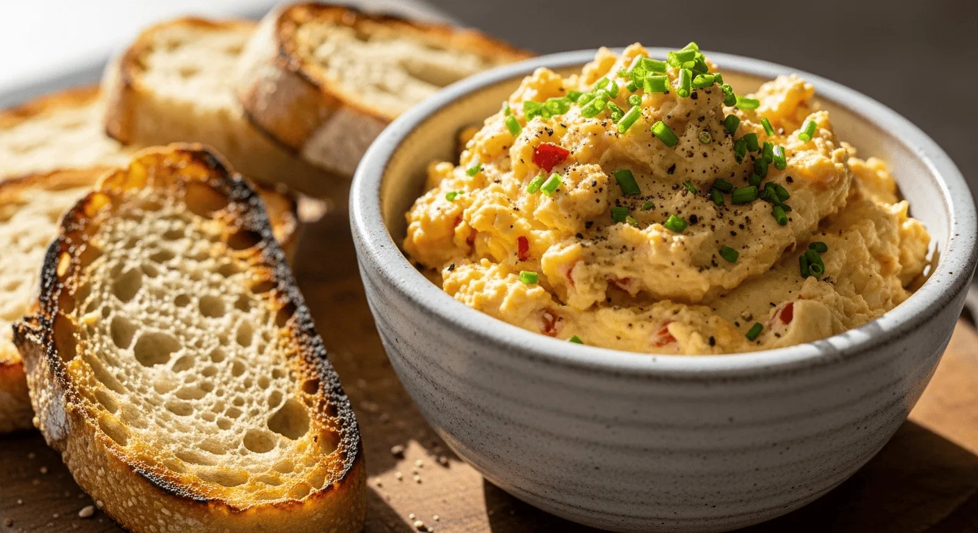 A close-up of a bowl of spicy egg butter spread, garnished with chives, next to toasted sourdough bread on a wooden board. This creamy spread is perfect for breakfast or brunch.