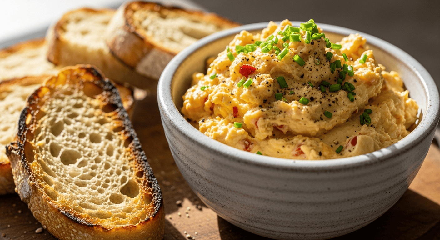 Spicy Egg Butter Spread: Your New Favorite Breakfast Treat A close-up of a bowl of spicy egg butter spread, garnished with chives, next to toasted sourdough bread on a wooden board. This creamy spread is perfect for breakfast or brunch.