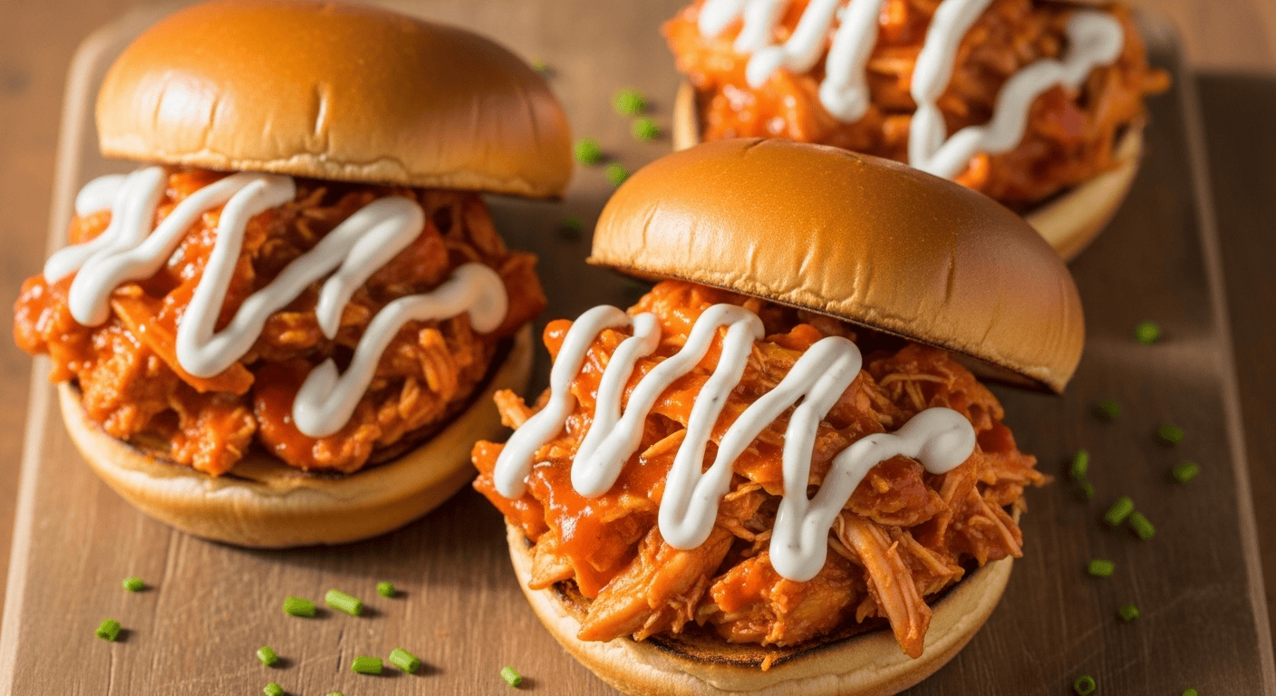 Slow Cooker Buffalo Chicken Sandwiches | Easy Game Day Recipe A close-up of a delicious Slow Cooker Buffalo Chicken Sandwich with ranch drizzle on a hoagie roll.