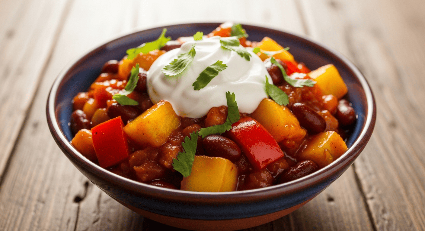 Sweet and Spicy Fruity Chili: A Unique Comfort Food Recipe A close-up of a vibrant bowl of Sweet & Spicy Fruity Chili, garnished with fresh cilantro and a dollop of sour cream, ready to be enjoyed.