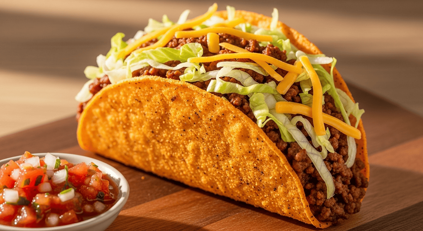 Taco Bell Doritos Locos Taco Copycat: The BEST Homemade Recipe A close-up of a homemade Taco Bell Doritos Locos Taco Copycat on a wooden board, garnished with fresh toppings.