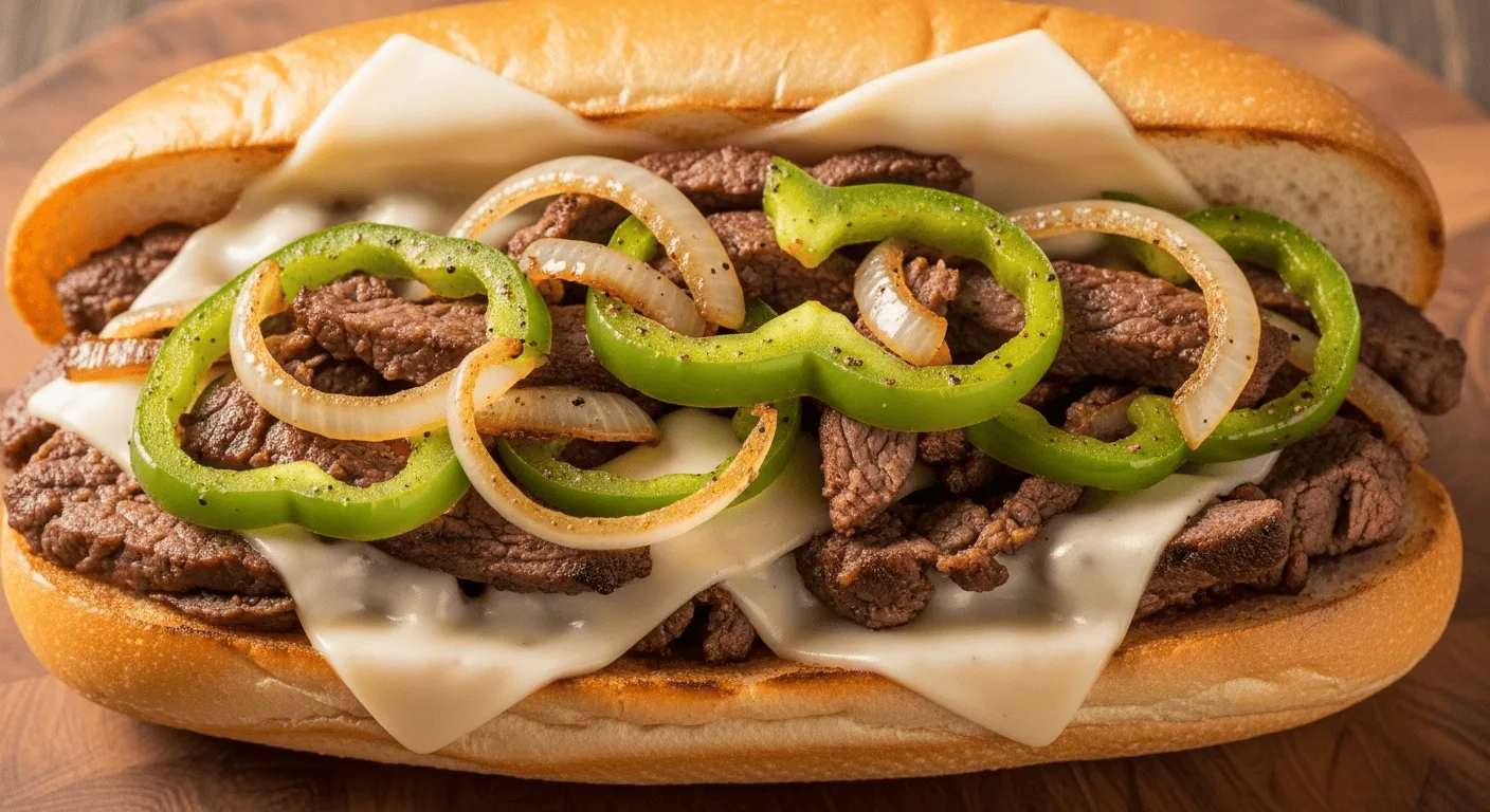 A close-up of a homemade easy Philly Cheesesteak sandwich, filled with steak, onions, peppers, and melted cheese.