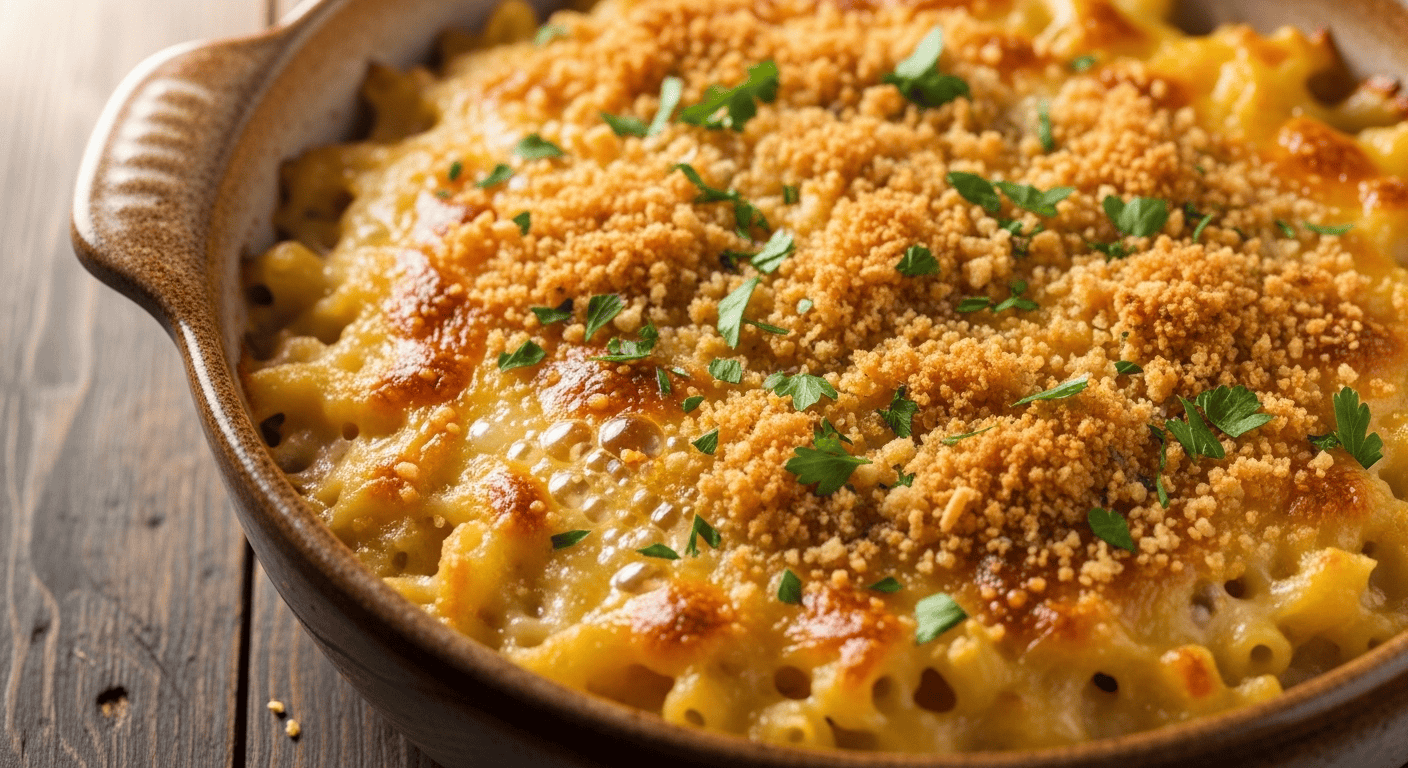 A close-up of bubbling homemade mac and cheese, topped with golden crispy breadcrumbs, served warm in a white baking dish.