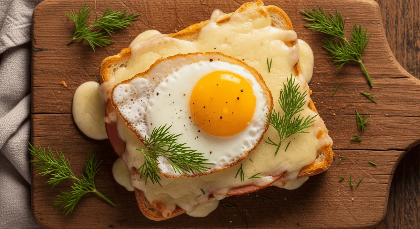 A close-up overhead shot of a delicious Croque Madame sandwich with a runny fried egg on top, covered in creamy white sauce on a wooden board.