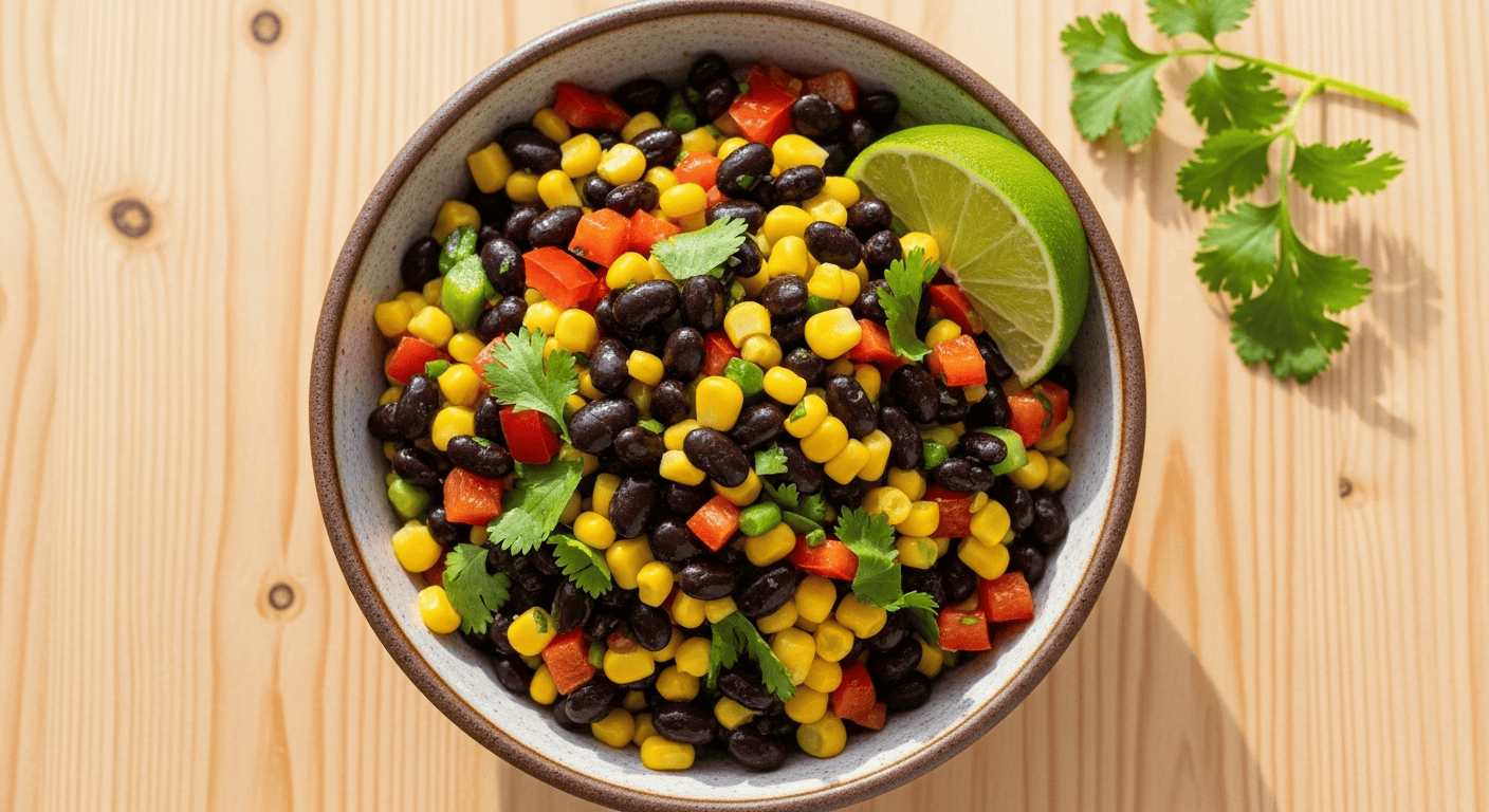 Easy Black Bean Corn Salad | Fresh & Zesty by Tyla An overhead view of a vibrant and colorful Black Bean Corn Salad in a ceramic bowl, garnished with a lime wedge.