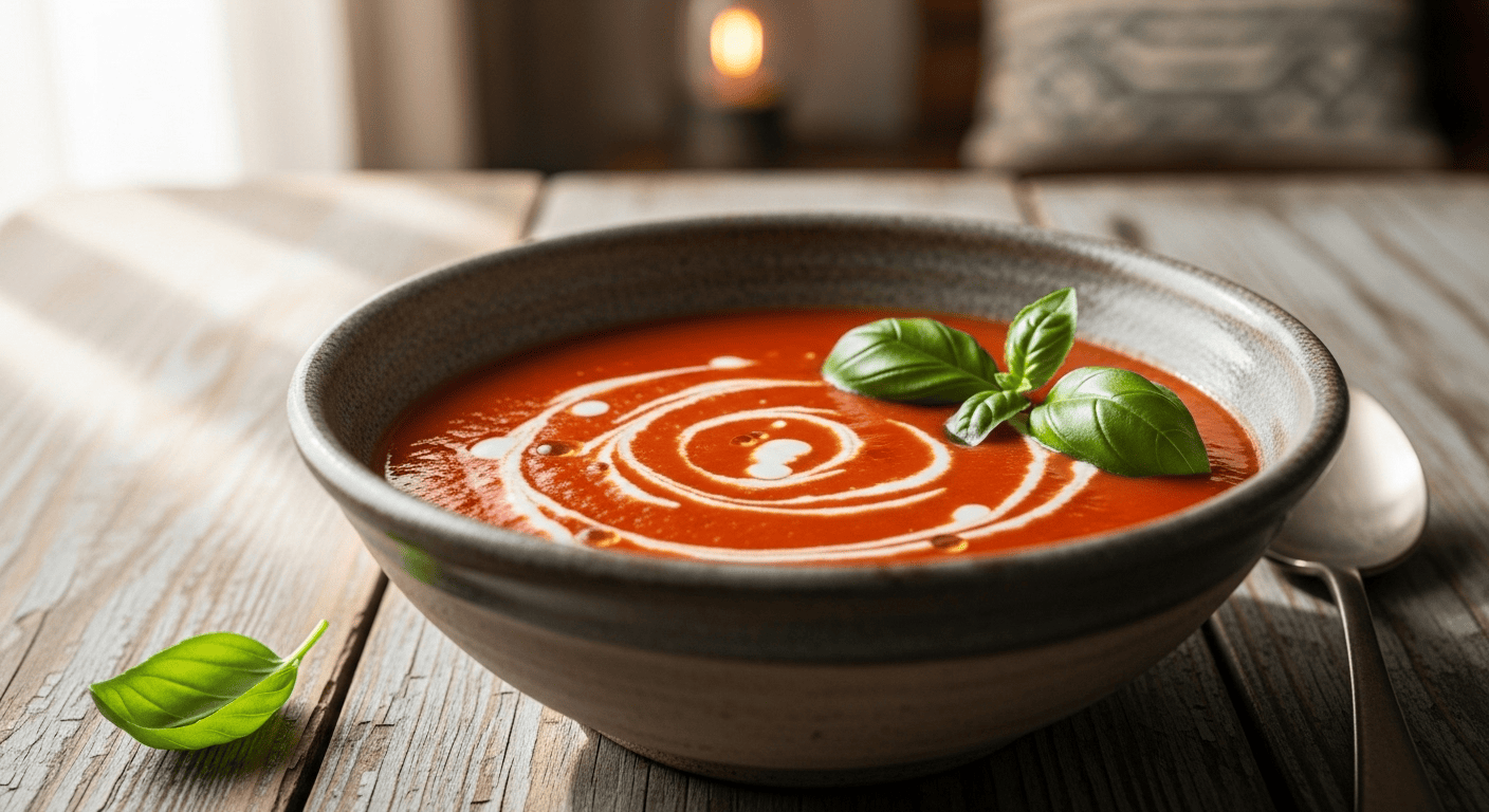 Fresh Tomato Soup: Quick & Easy Comfort | by Tyla A close-up of a rustic bowl of vibrant red Fresh Tomato Soup, garnished with fresh basil and a swirl of cream, on a wooden table.