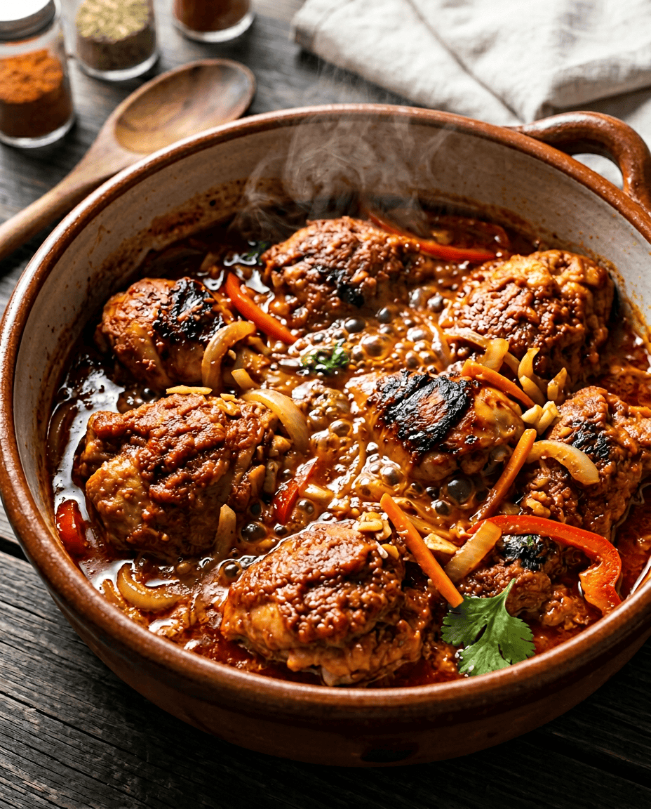 Belizean Chicken Stew: Flavorful, Easy & Hearty | by Tyla Belizean chicken browning in red recado sauce in a pot
