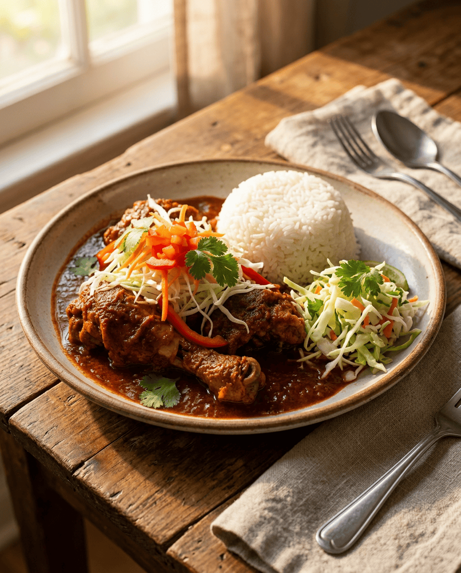 Belizean Chicken Stew: Flavorful, Easy & Hearty | by Tyla Plated Belizean stew chicken with white rice and cabbage slaw