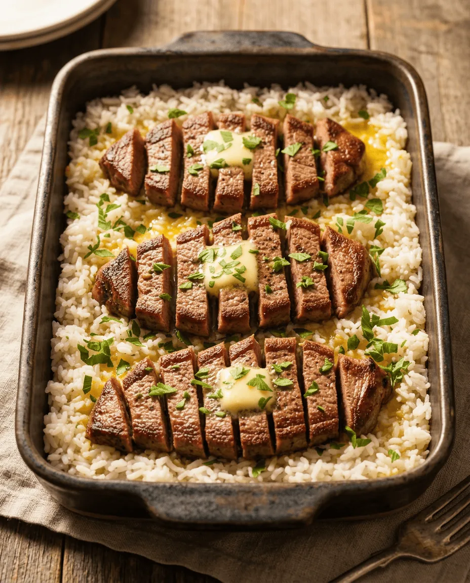 Stick of Butter Steak and Rice: Easy One-Pan Dinner Stick of butter steak and rice in a baking dish