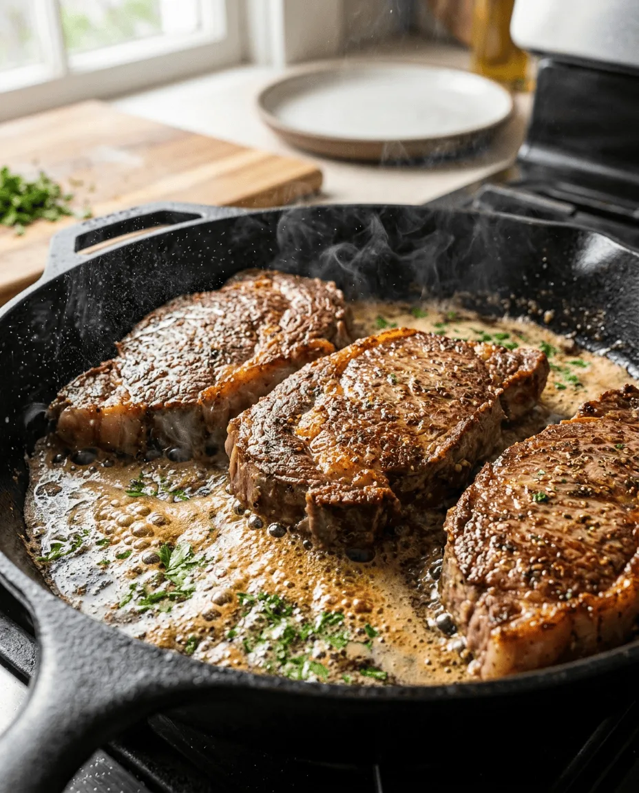 Stick of Butter Steak and Rice: Easy One-Pan Dinner Steaks searing in foaming butter in a cast-iron skillet
