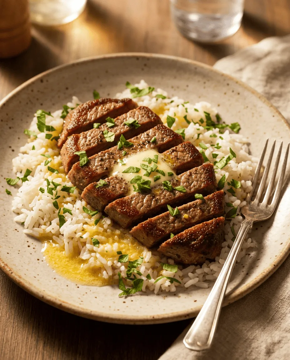 Stick of Butter Steak and Rice: Easy One-Pan Dinner Plated stick of butter steak and rice with a fork