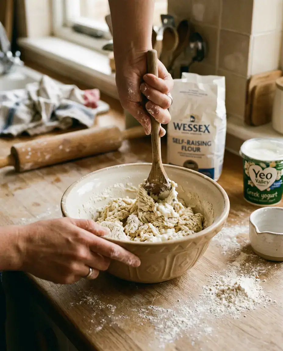 Make 2 Ingredient Pizza Dough Quickly at Home Hands stirring 2 ingredient pizza dough in a mixing bowl with flour and yogurt