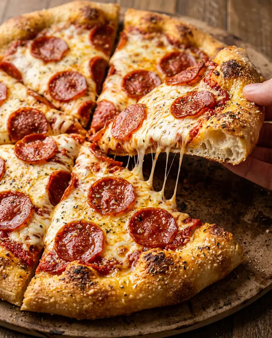 Make 2 Ingredient Pizza Dough Quickly at Home Slice of 2 ingredient pizza dough pizza being lifted, showing melted cheese and tender crust