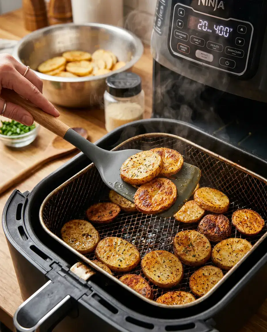 Air Fryer Sliced Potatoes With Crispy Golden Edges Seasoned air fryer sliced potatoes being flipped in a basket as edges turn crispy